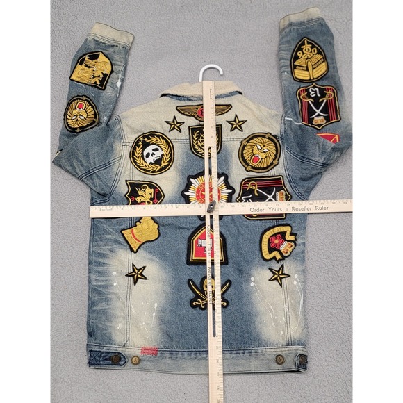 Reason Jacket Mens Small Sherpa Lined Denim Patch Embroidered Graphic Streetwear - Picture 7 of 12